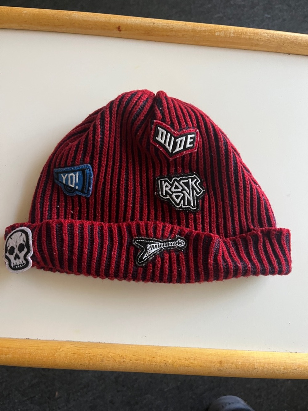 Kids Red & Black Striped Beanie Hat with Patch Accents